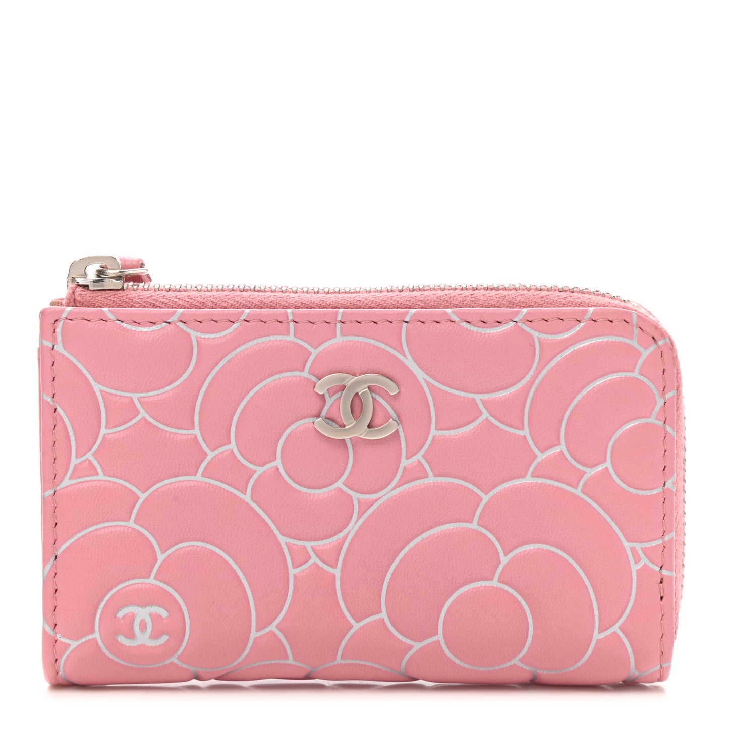 Lambskin Camellia Embossed Key Holder Case Pink