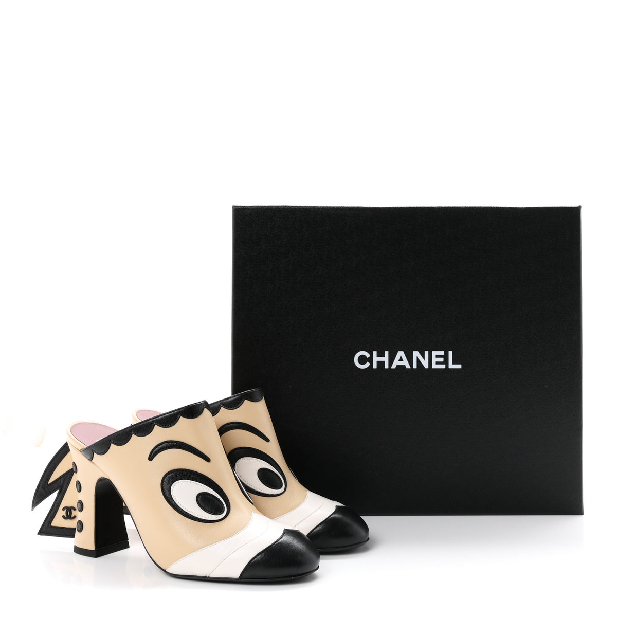 Lambskin Cartoon Cap Toe Mules 38 Beige Black White