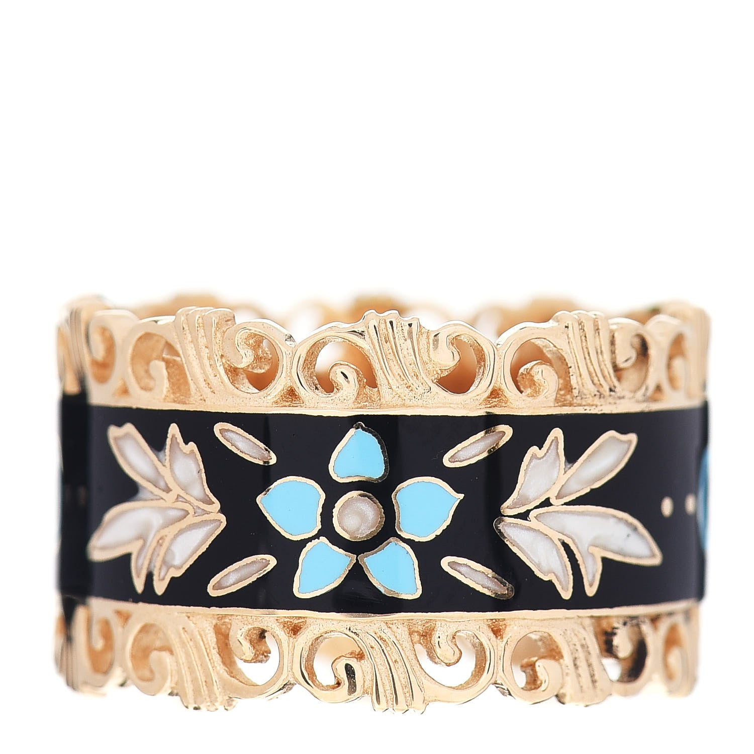 Gucci 18K Yellow Gold Enamel Wide Icon Blooms Ring Black 54 6.75 3 of 5