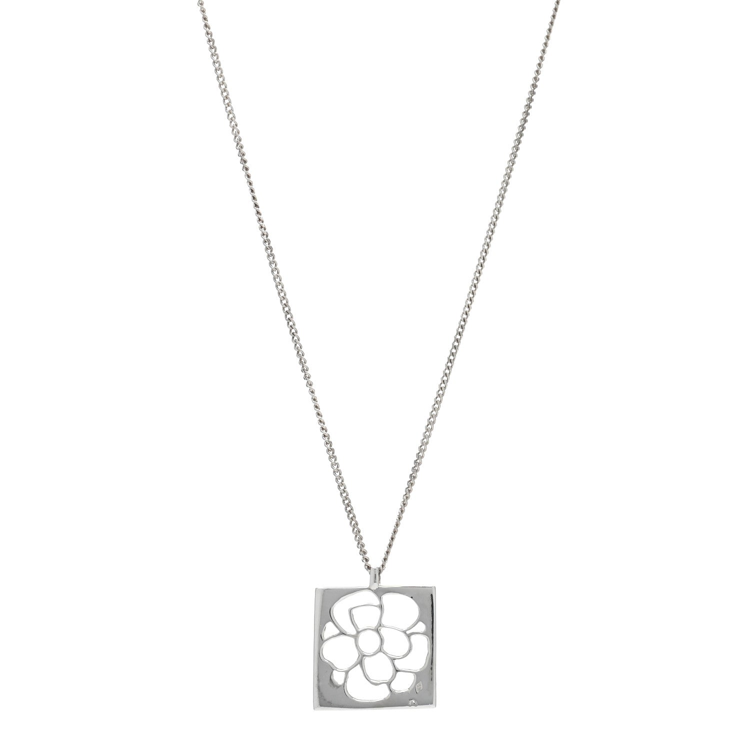 Chanel Sterling Silver Camellia Square Pendant Necklace 1 of 5