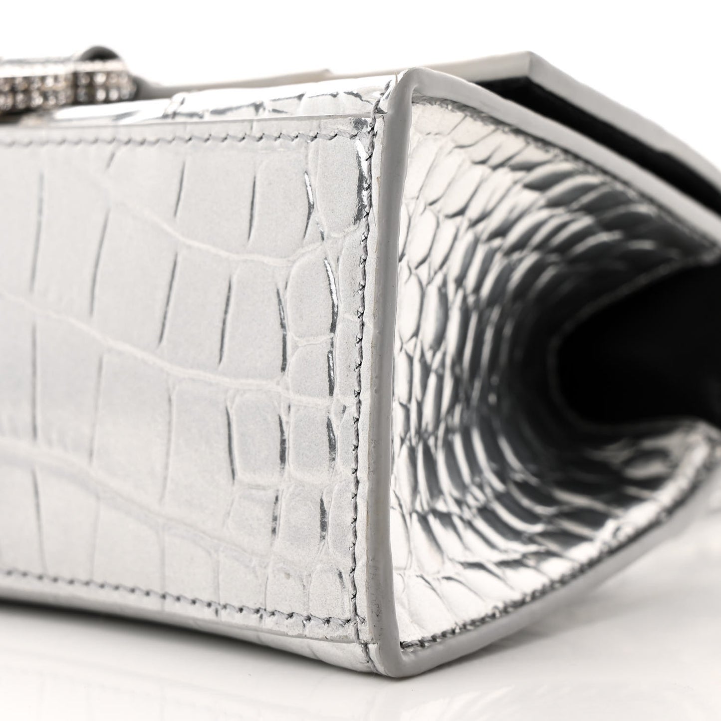 Metallic Calfskin Crocodile Embossed Crystal Hourglass Top Handle Bag XS Silver