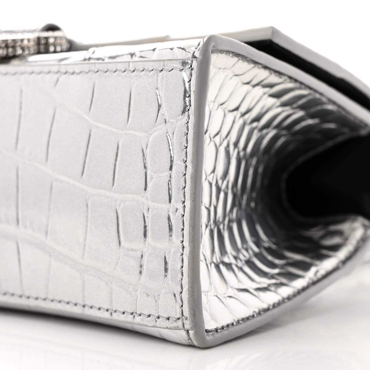 Balenciaga Metallic Calfskin Crocodile Embossed Crystal Hourglass Top Handle Bag XS Silver 10 of 11