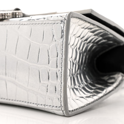 Balenciaga Metallic Calfskin Crocodile Embossed Crystal Hourglass Top Handle Bag XS Silver 10 of 11