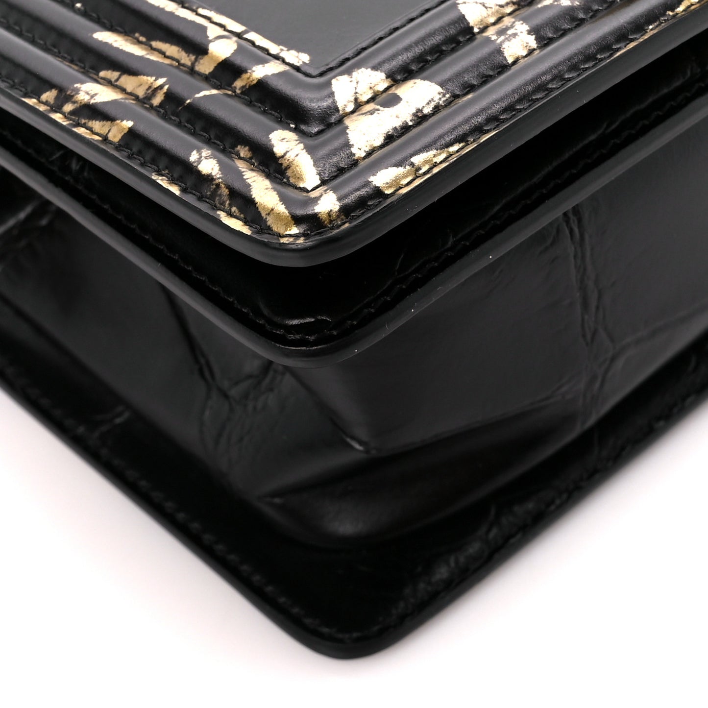Calfskin Crocodile Embossed Graffiti Cocodile Small Boy Flap Black Gold