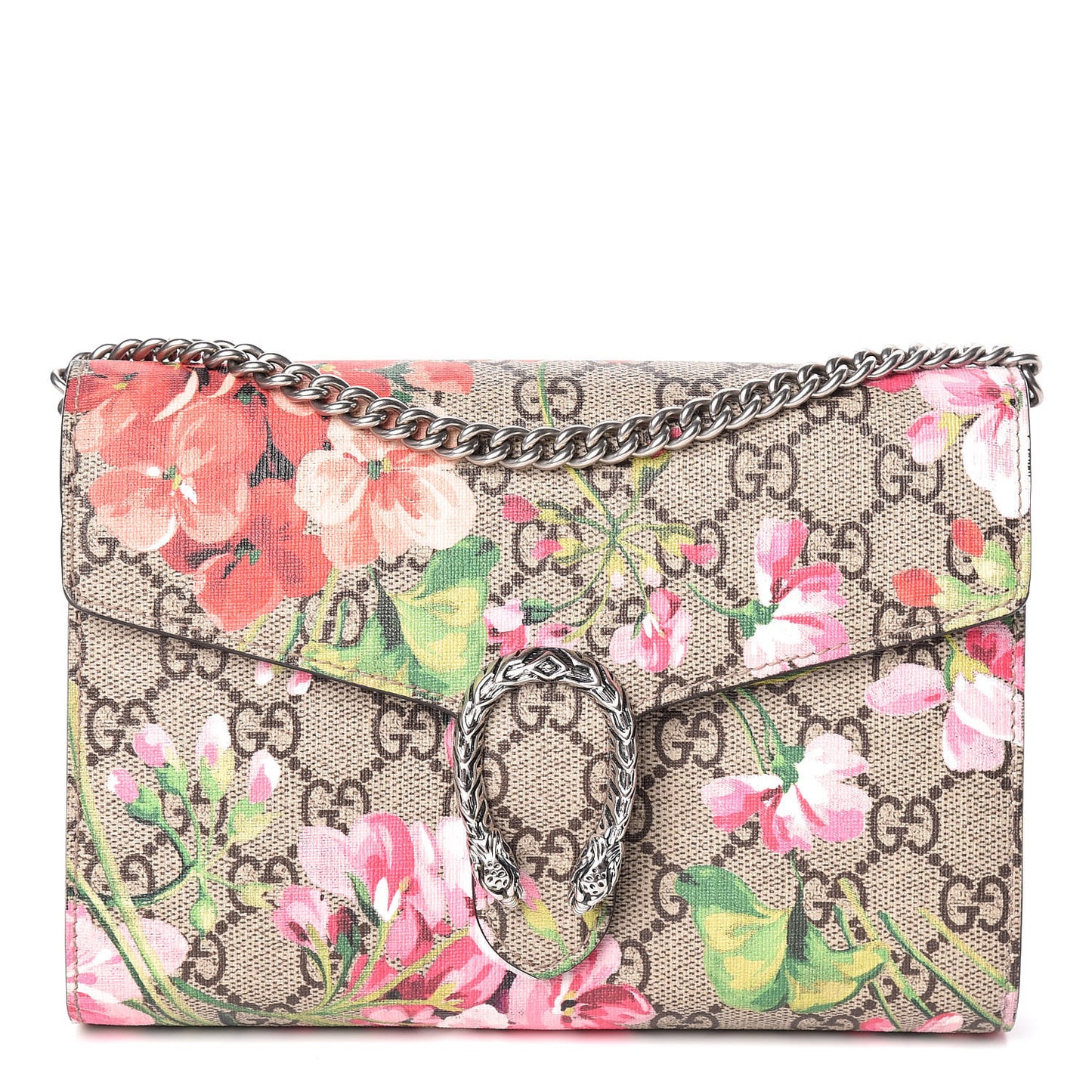 GG Supreme Monogram Blooms Mini Dionysus Chain Wallet Beige Multicolor Dry Rose