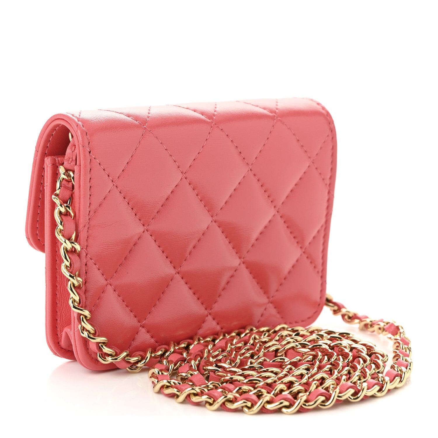 Chanel Shiny Lambskin Quilted Card Holder On Chain Pink 3 of 10