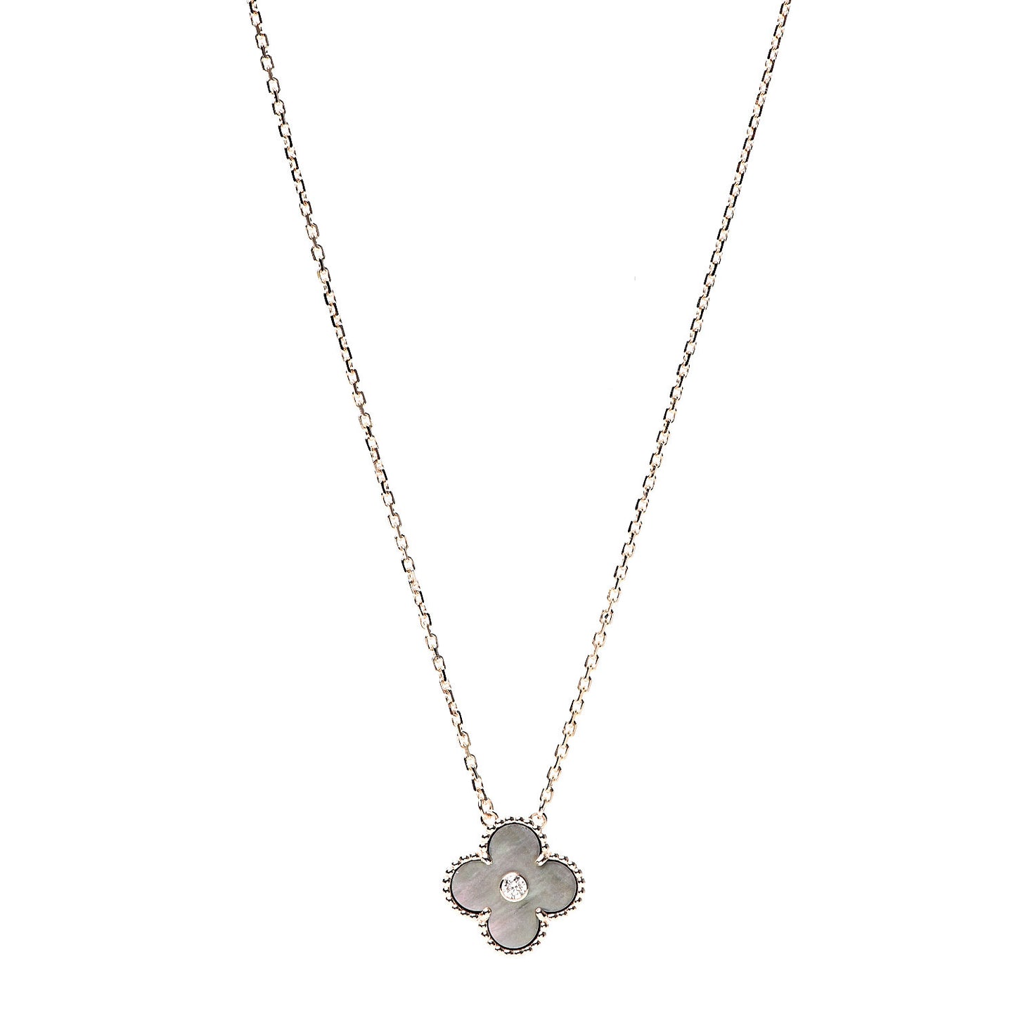 18K Rose Gold Diamond Grey Mother of Pearl Vintage Alhambra Pendant Necklace