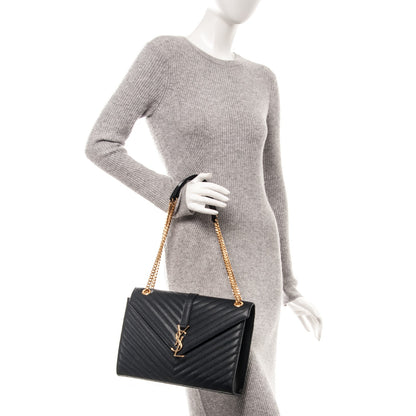 Saint Laurent Grain De Poudre Matelasse Chevron Large Monogram Satchel Navy Blue 2 of 8