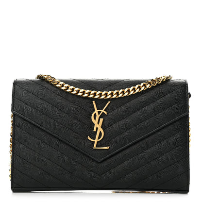 Saint Laurent Grain De Poudre Matelasse Chevron Monogram Chain Wallet Black 1 of 14
