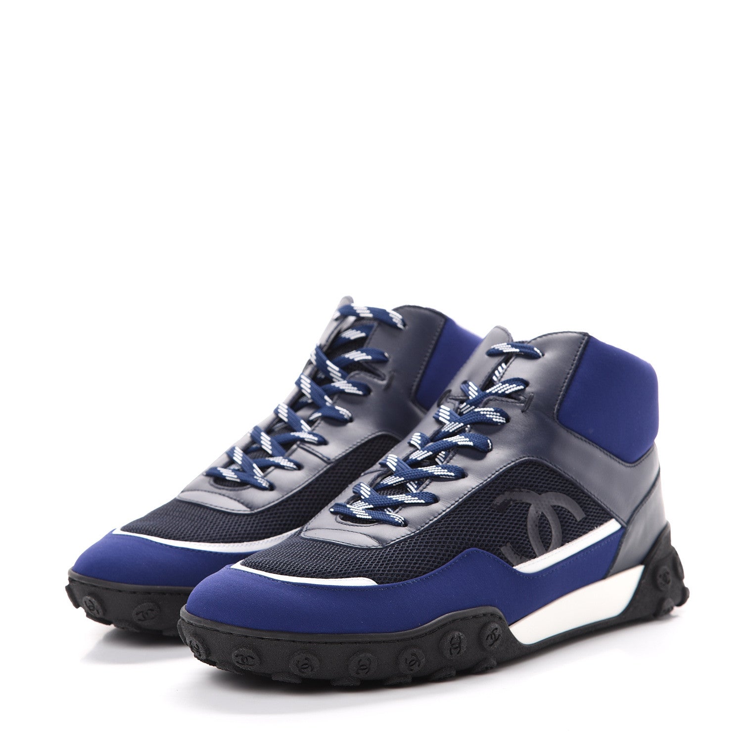 Chanel Calfskin Mesh Lycra Womens Logo High Top Sneakers 40.5 Navy 3 of 9