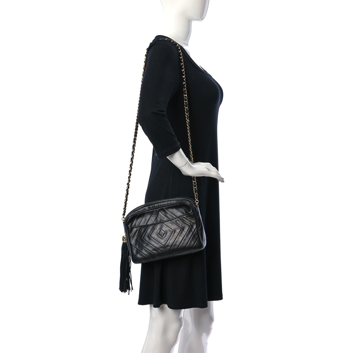 Chanel Lambskin Chevron Quilted Tassel Camera Case Black 2 of 10