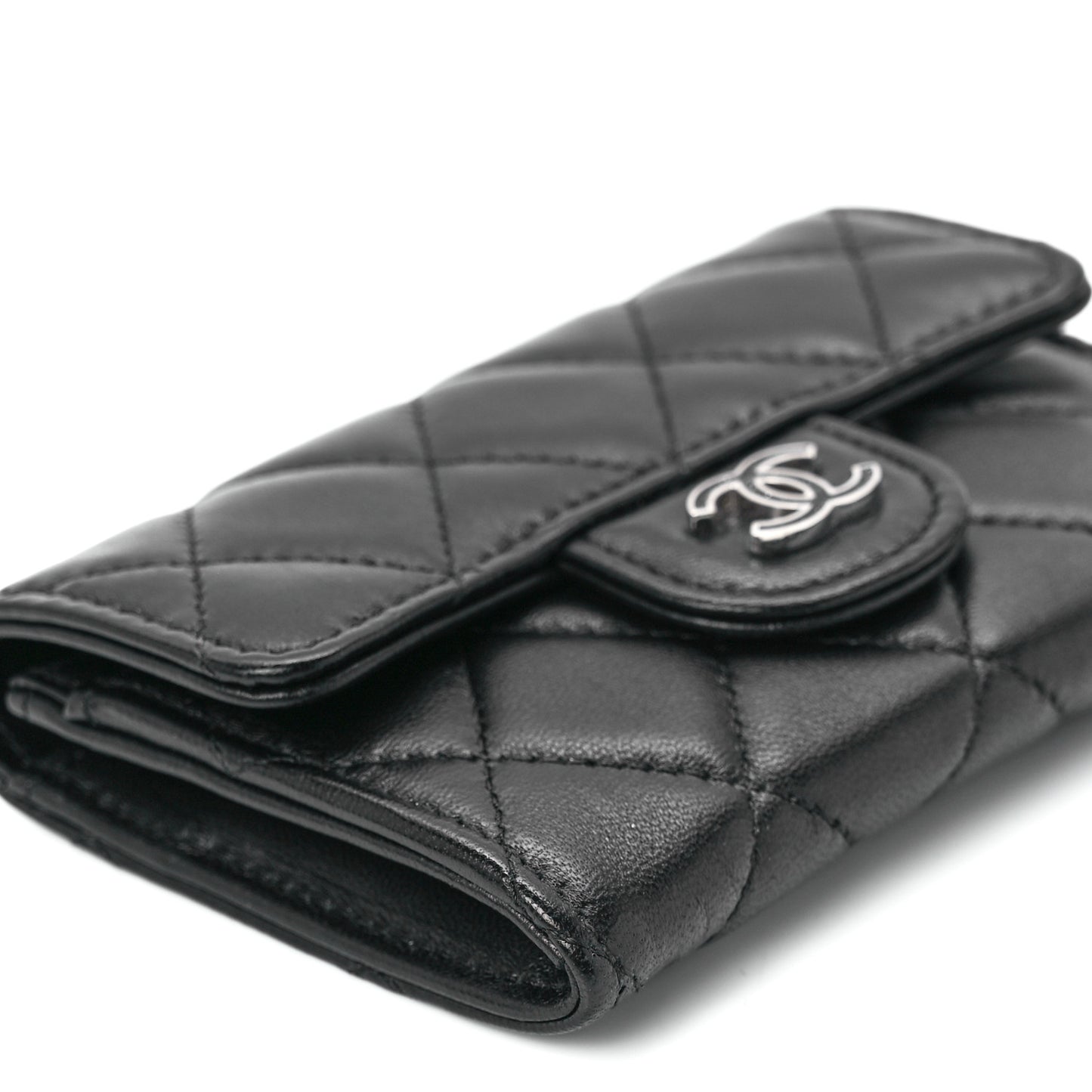 Lambskin Quilted Glitter CC Flap Card Holder Wallet Black