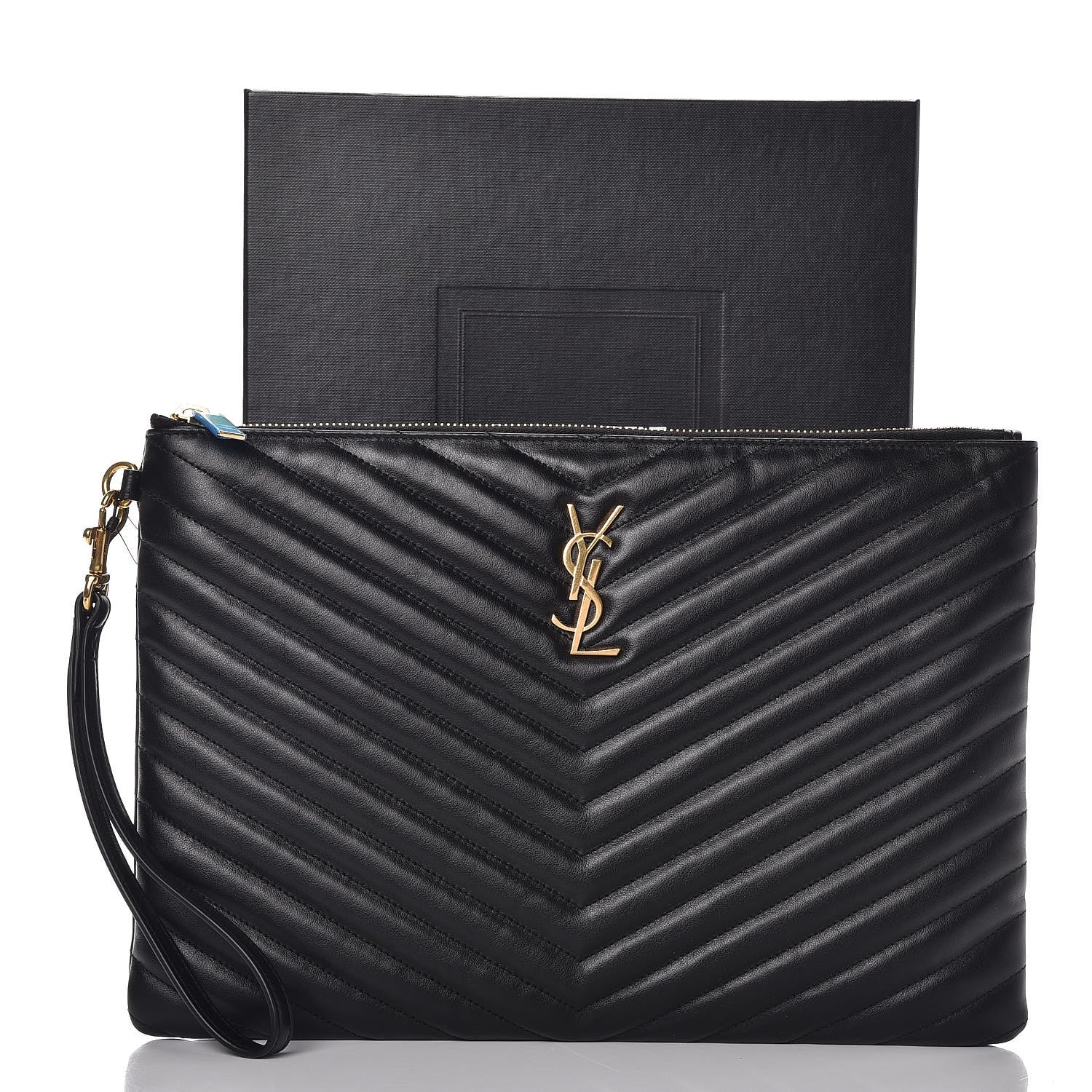 Saint Laurent Calfskin Matelasse Chevron Monogram Zip A4 Pouch Black 8 of 8