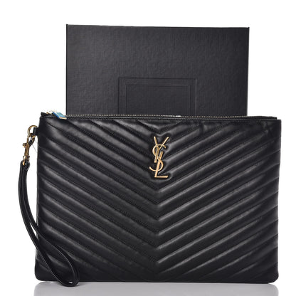 Saint Laurent Calfskin Matelasse Chevron Monogram Zip A4 Pouch Black 8 of 8