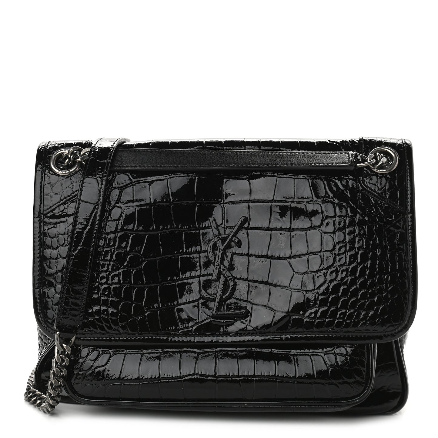 Patent Crocodile Embossed Lambskin Monogram Medium Niki Chain Satchel Black