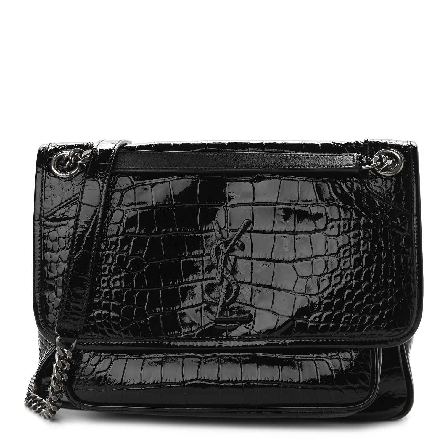 Saint Laurent Patent Crocodile Embossed Lambskin Monogram Medium Niki Chain Satchel Black 1 of 9