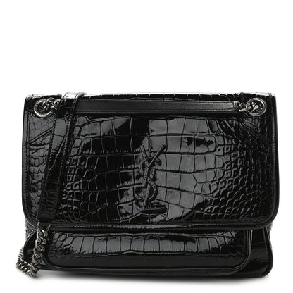 Saint Laurent Patent Crocodile Embossed Lambskin Monogram Medium Niki Chain Satchel Black 1 of 9