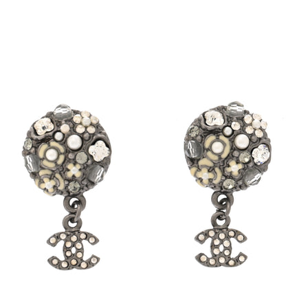 Chanel Pearl Crystal CC Camellia Cluster Drop Earrings Dark Silver 1 of 5