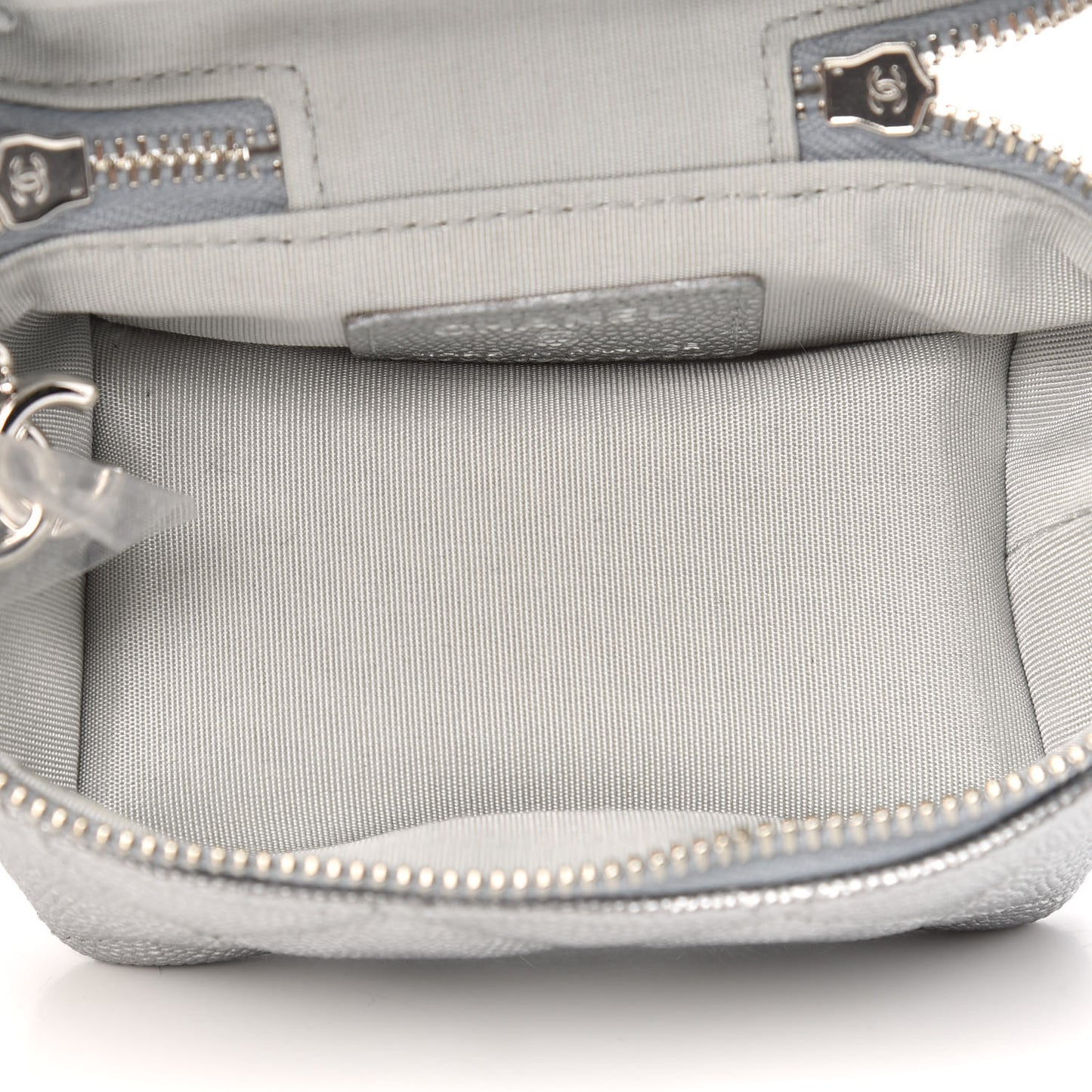 Metallic Caviar Quilted Mini Top Handle Vanity With Chain Silver