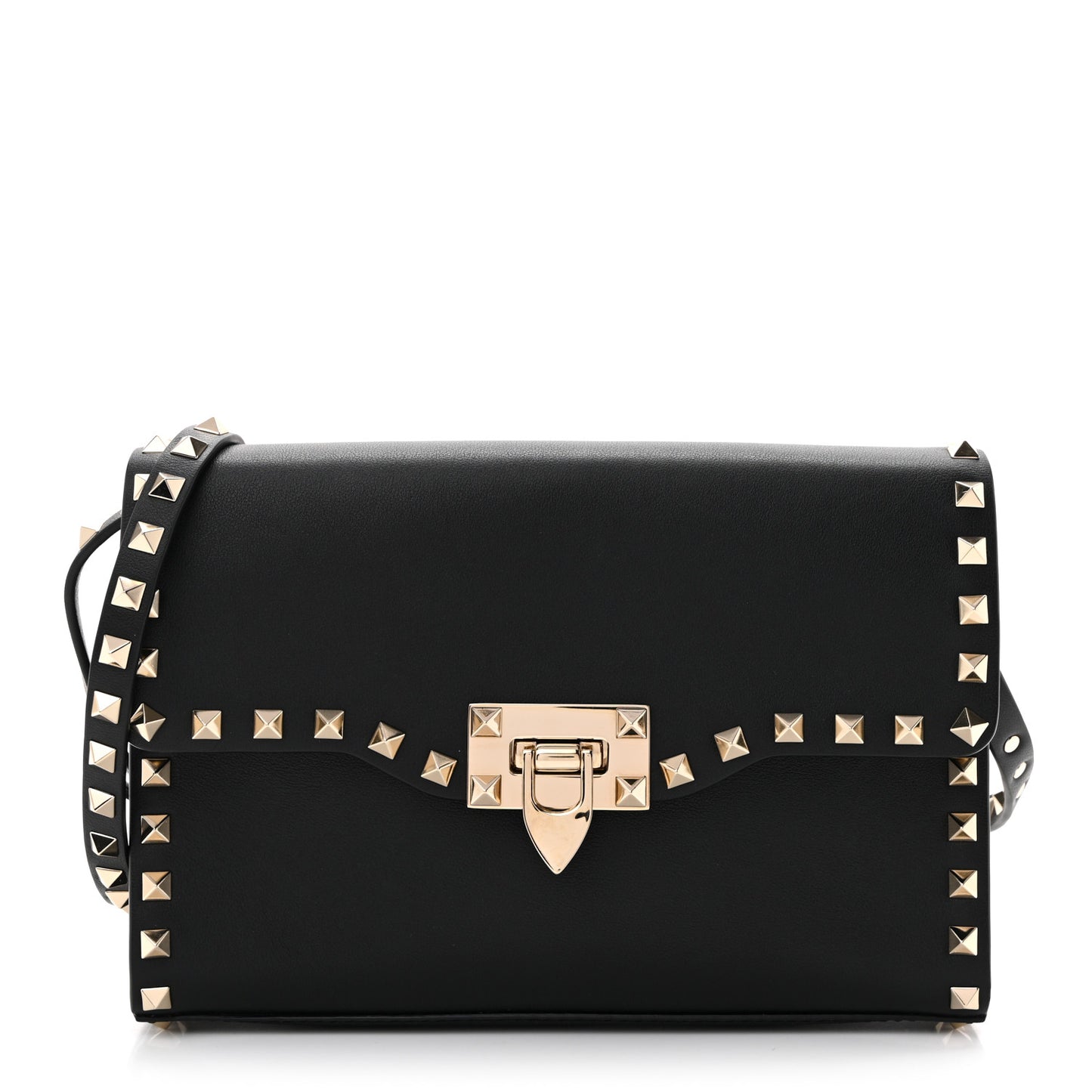 Vitello Medium Rockstud Flip Lock Crossbody Bag Black