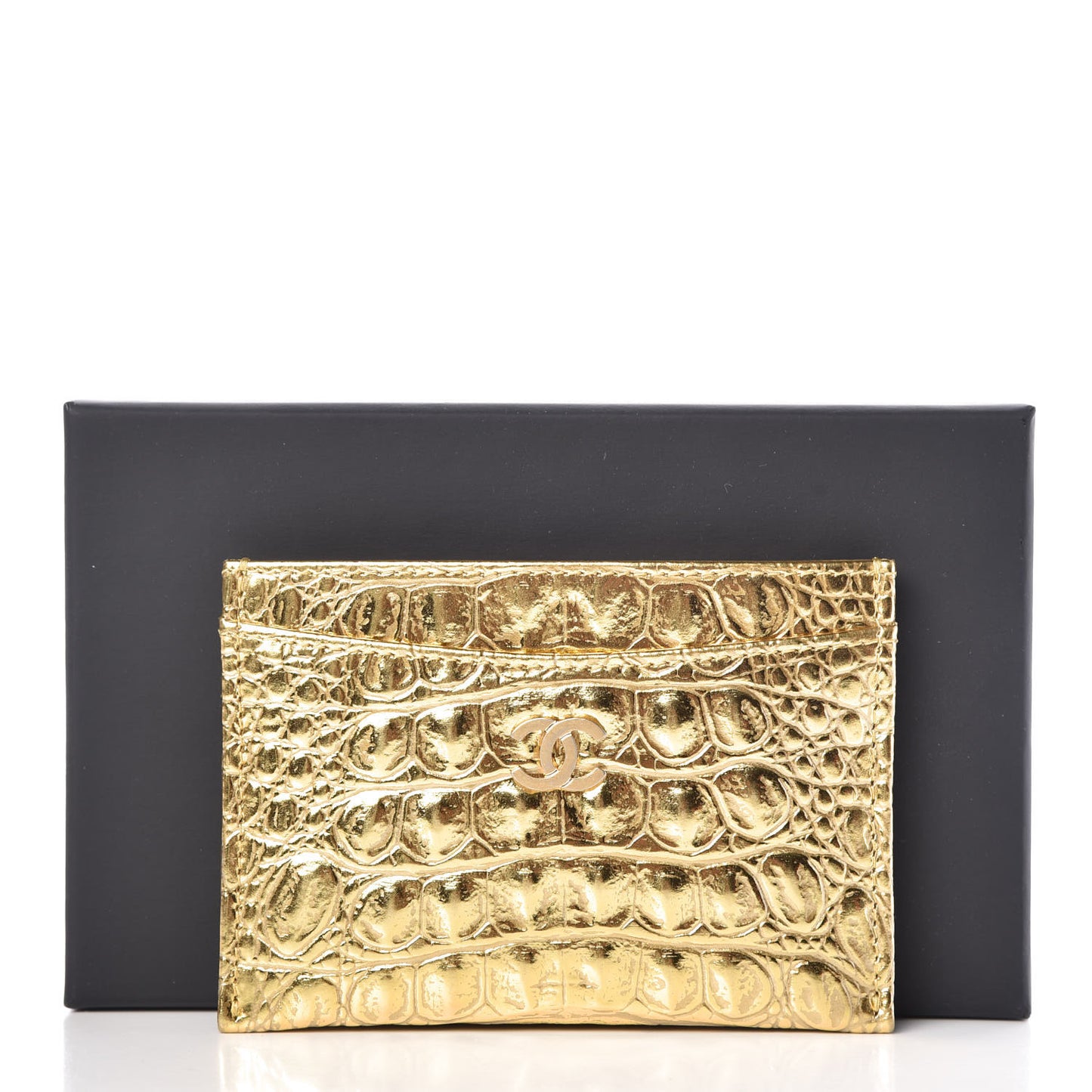 Metallic Calfskin Crocodile Embossed Cocodile Card Holder Gold