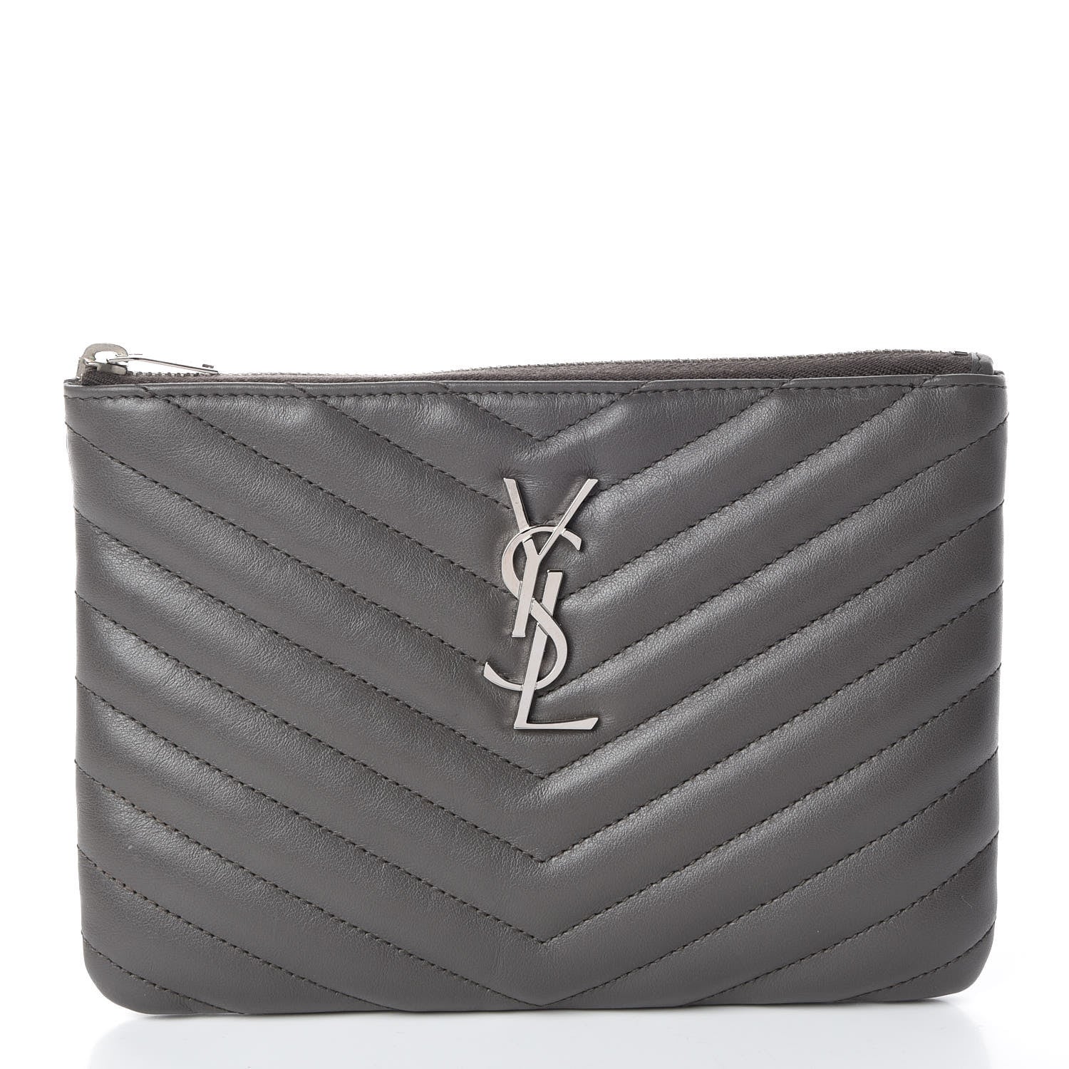 Saint Laurent Calfskin Matelasse Chevron Monogram Pouch Earth 1 of 10