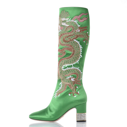 Gucci Silk Satin Malaga Kid Embroidered Candy Dragon Block-Heel Knee Boot 39 Palm 2 of 14