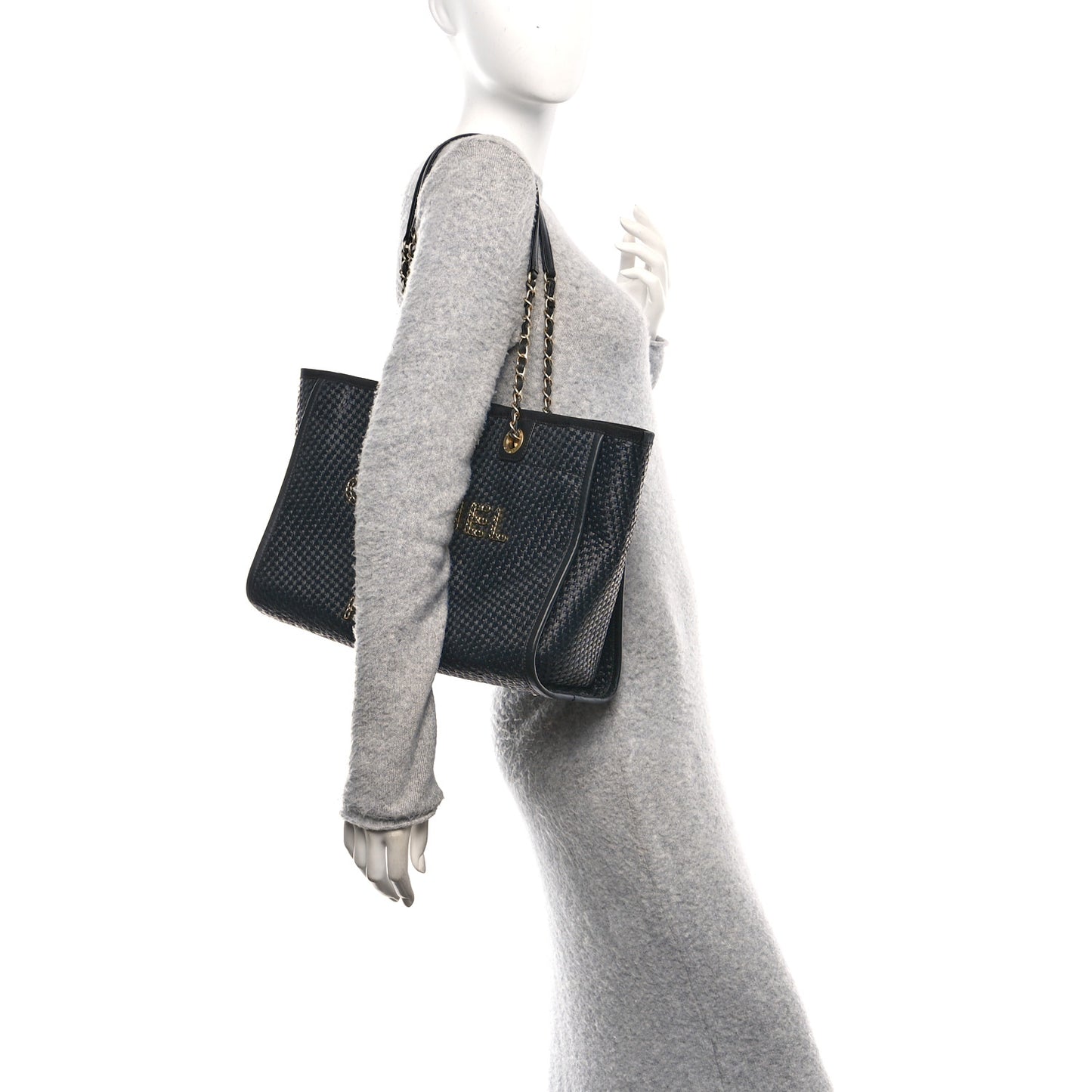 Straw Raffia Calfskin Chain Small Deauville Tote Black