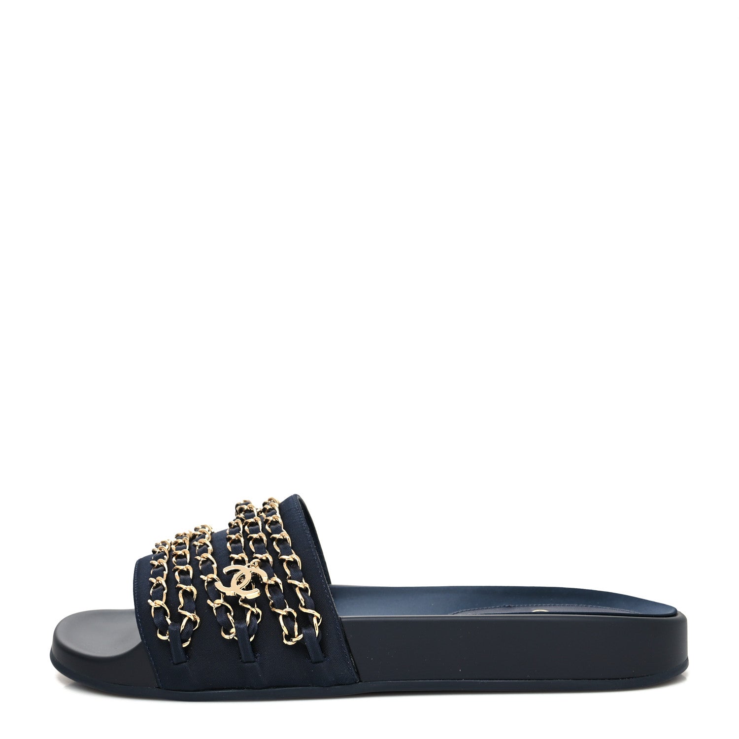 Chanel Satin Canvas Chain Slides Sandals Flats 41 Marine 1 of 8