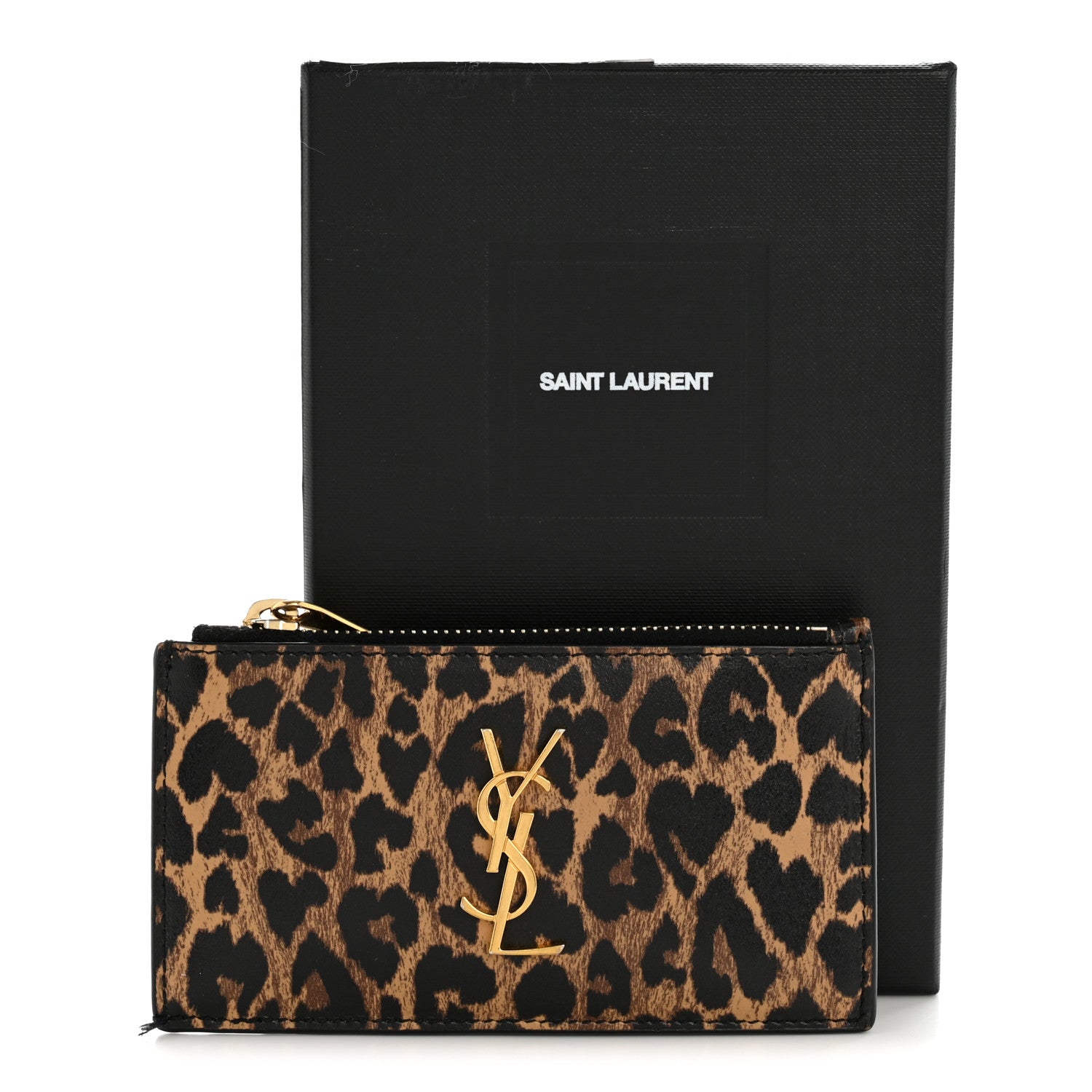 Saint Laurent Calfskin Leopard Print Monogram 5 Fragments Zip Pouch Card Holder Toffee Manto Naturale 10 of 10