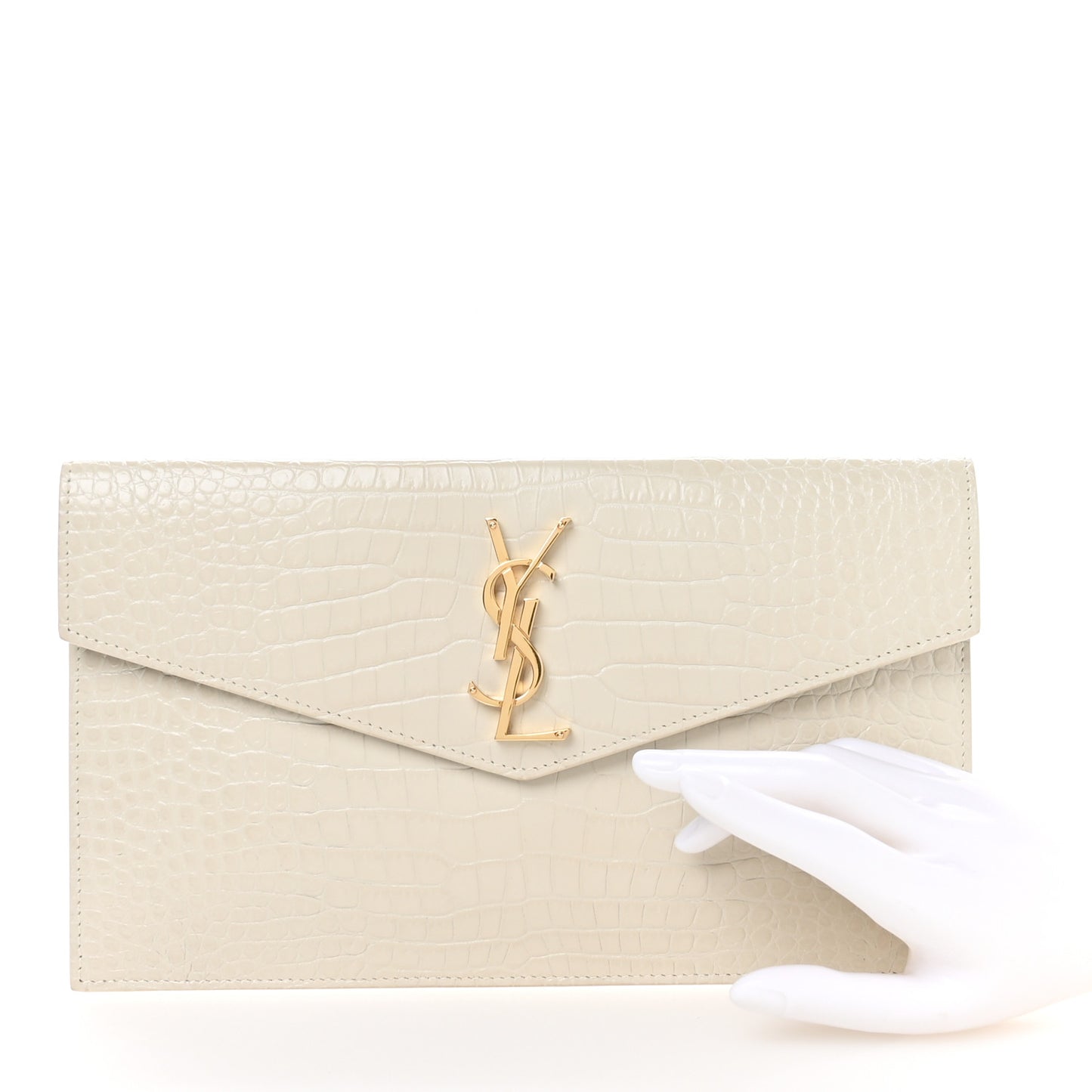 Calfskin Crocodile Embossed Uptown Monogram Pouch Crema Soft
