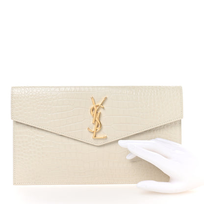 Saint Laurent Calfskin Crocodile Embossed Uptown Monogram Pouch Crema Soft 2 of 9