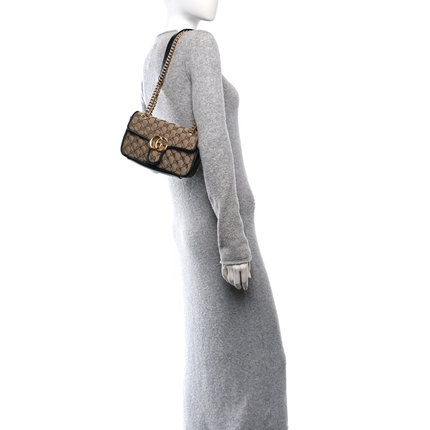 Gucci Monogram Matelasse Diagonal Mini GG Marmont Shoulder Bag Beige Black 2 of 10