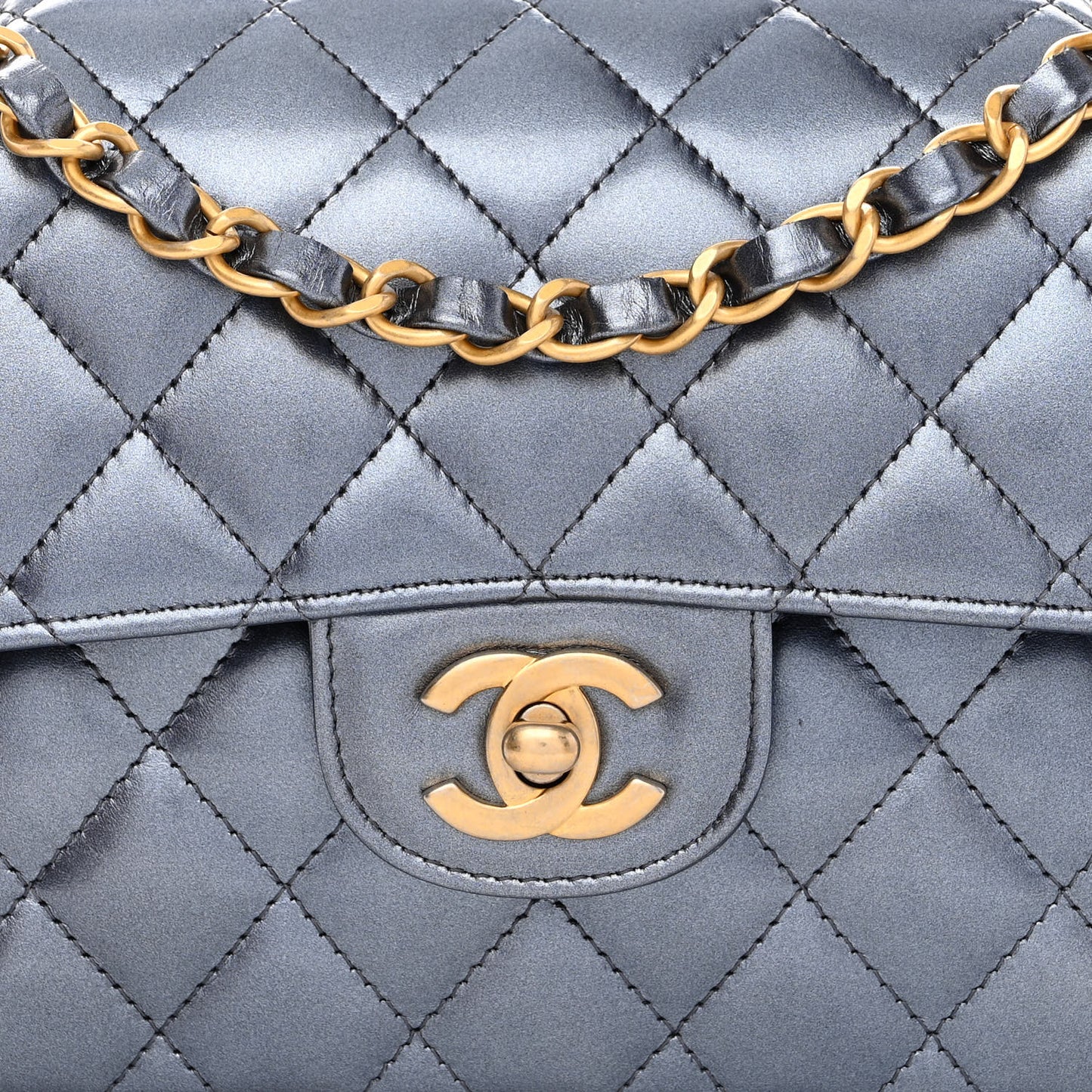 Metallic Lambskin Quilted Small Double Flap Blue