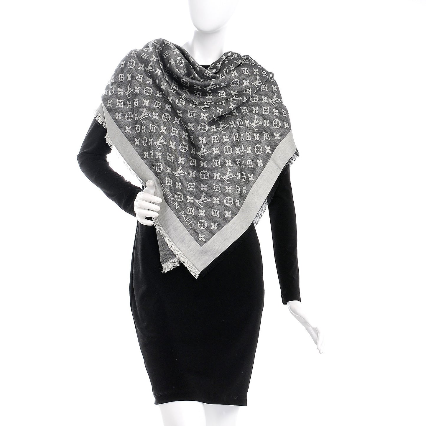 Wool Silk Monogram Denim Shawl Black