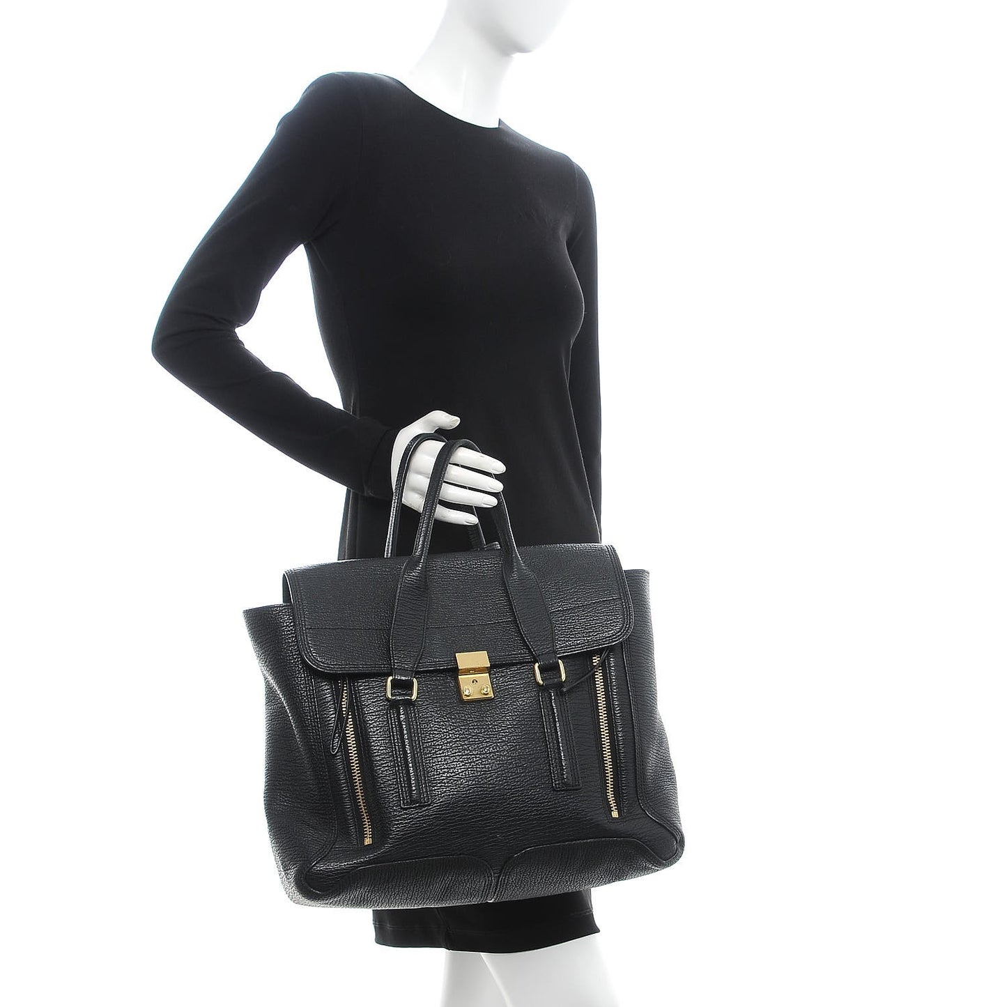 3.1 Textured Calfskin Large Pashli Satchel Black