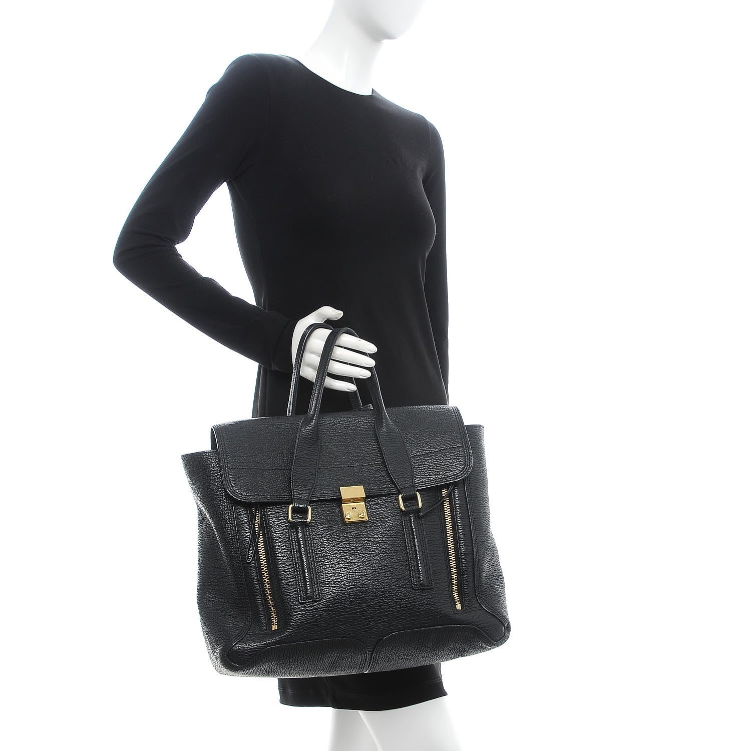 3.1 Phillip Lim 3.1 Textured Calfskin Large Pashli Satchel Black 3 of 12