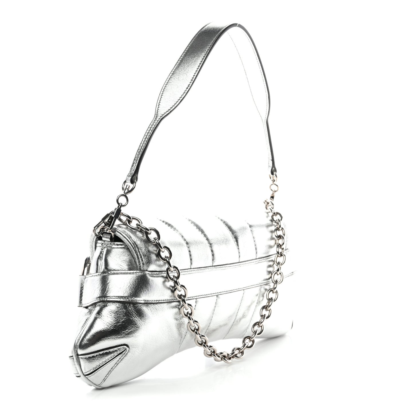 Iridescent Nappa Vertical Matelasse Medium Maxi Horsebit Chain Shoulder Bag Silver
