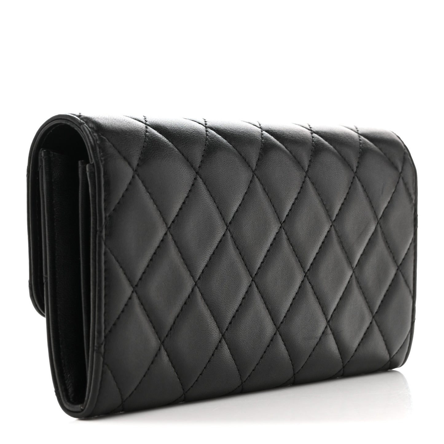 Lambskin Quilted Large Gusset Flap Wallet Black