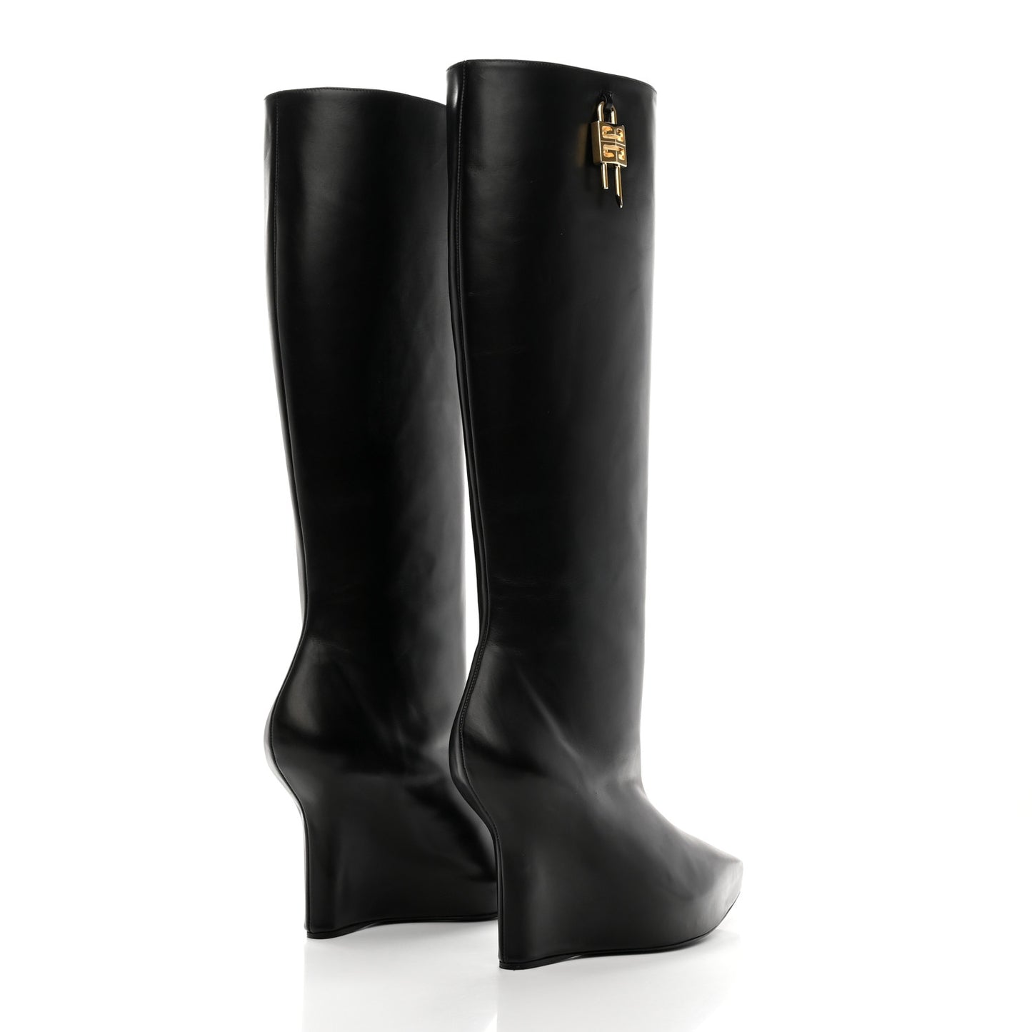 Calfskin G Lock Wedge Knee High Boots 38 Black