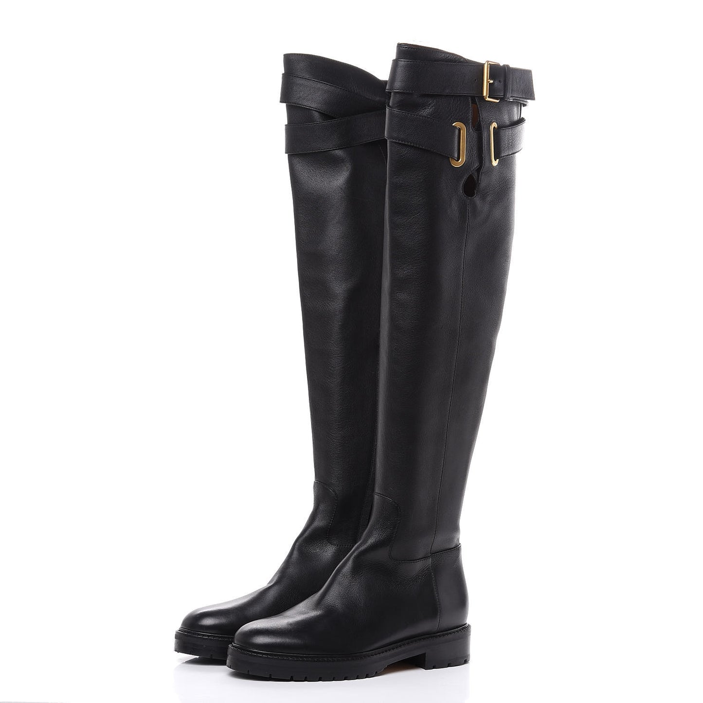 Calfskin Knee High Buckle Boots 37.5 Black
