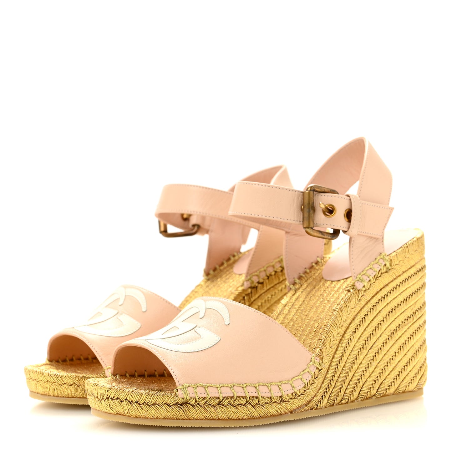 Malaga Kid Lifford Calfskin GG Espadrille Wedge Sandals 35 Skin Rose Dusty White