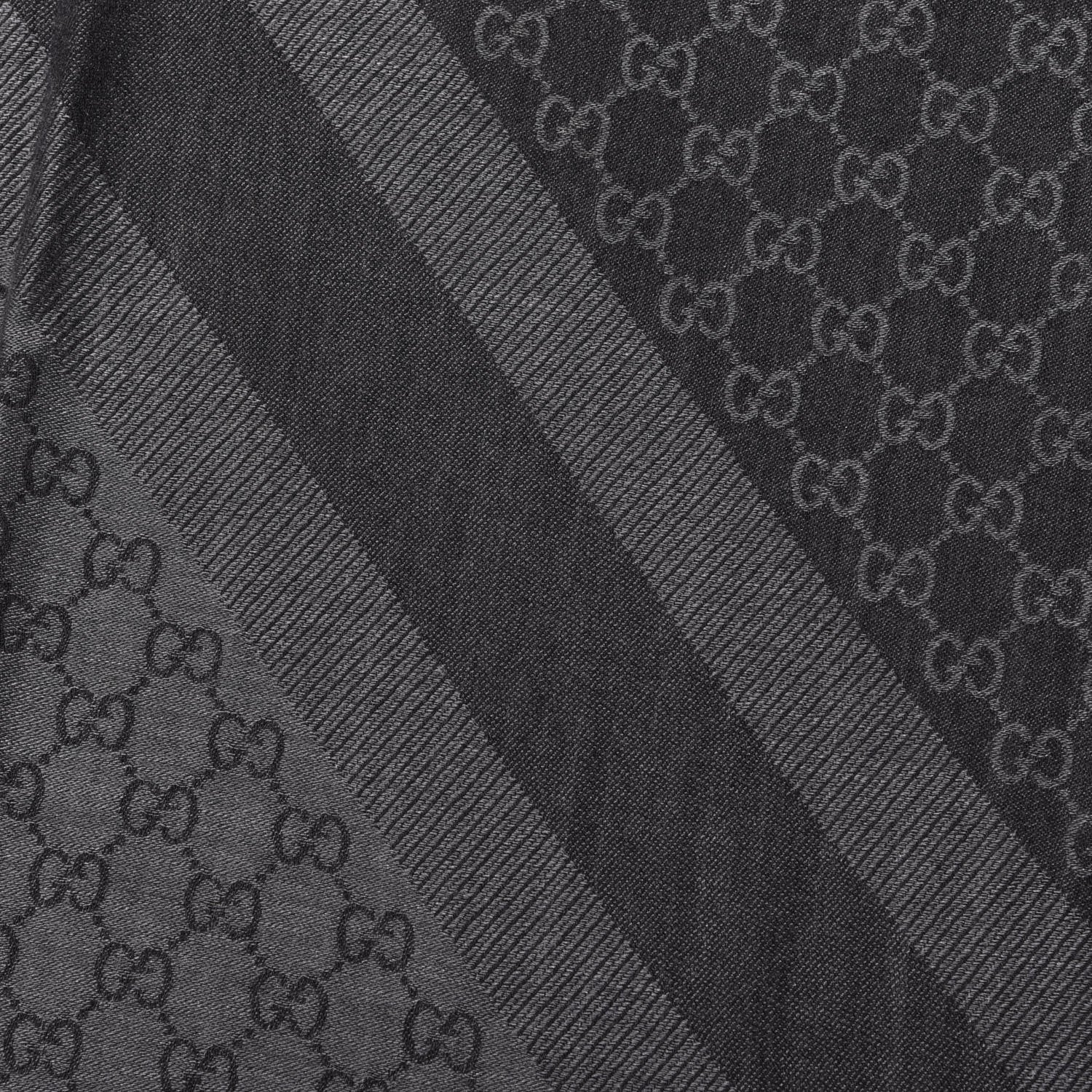 Gucci Wool Silk Monogram GGWeb Fringe Shawl Black Medium Grey 2 of 3