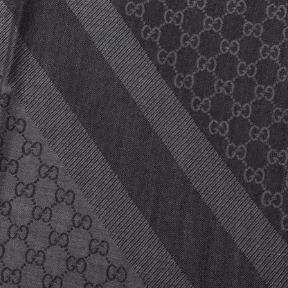 Gucci Wool Silk Monogram GGWeb Fringe Shawl Black Medium Grey 2 of 3