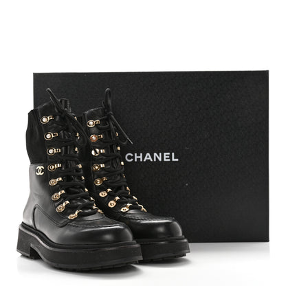 Chanel Calfskin Knit Lace Up Combat Boots 39 Black 12 of 12