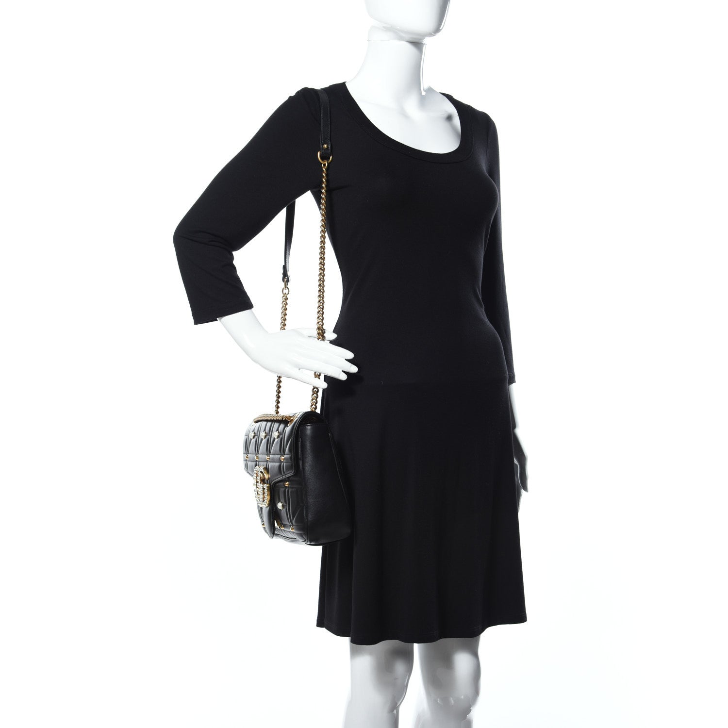 Gucci Calfskin Matelasse Studded Medium Pearly GG Marmont Shoulder Bag Black 2 of 15