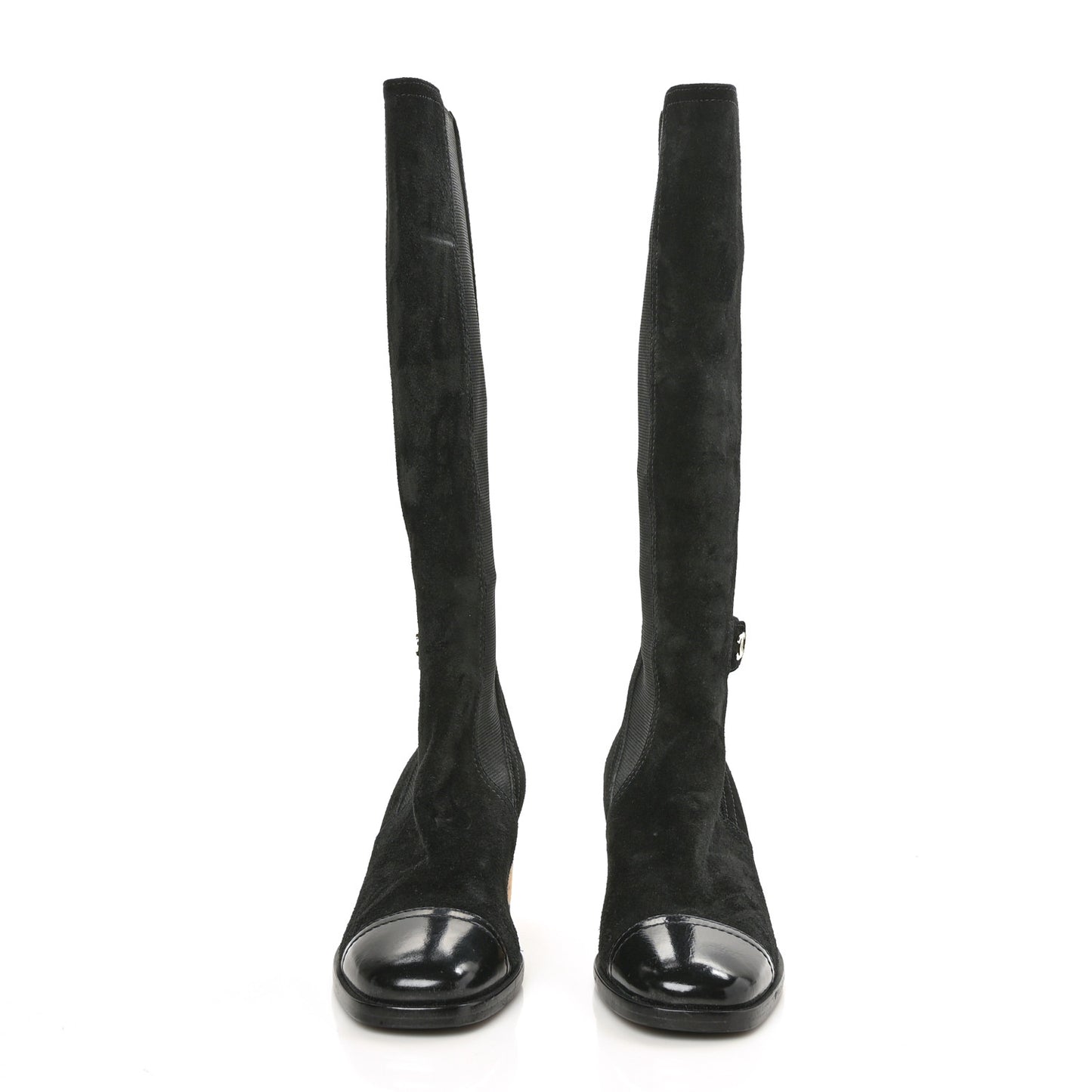 Suede Patent Calfskin CC Cork Cap Toe Tall Boots 38 Black