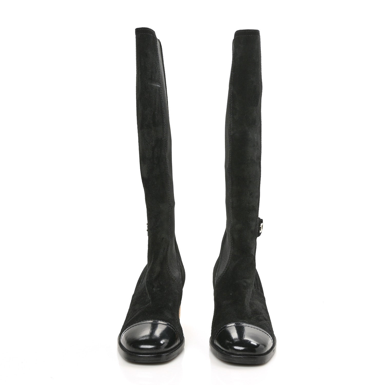 Chanel Suede Patent Calfskin CC Cork Cap Toe Tall Boots 38 Black 2 of 6