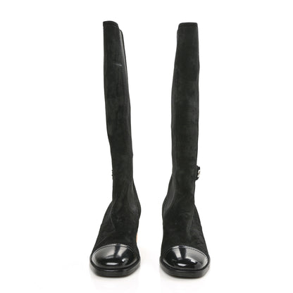 Chanel Suede Patent Calfskin CC Cork Cap Toe Tall Boots 38 Black 2 of 6