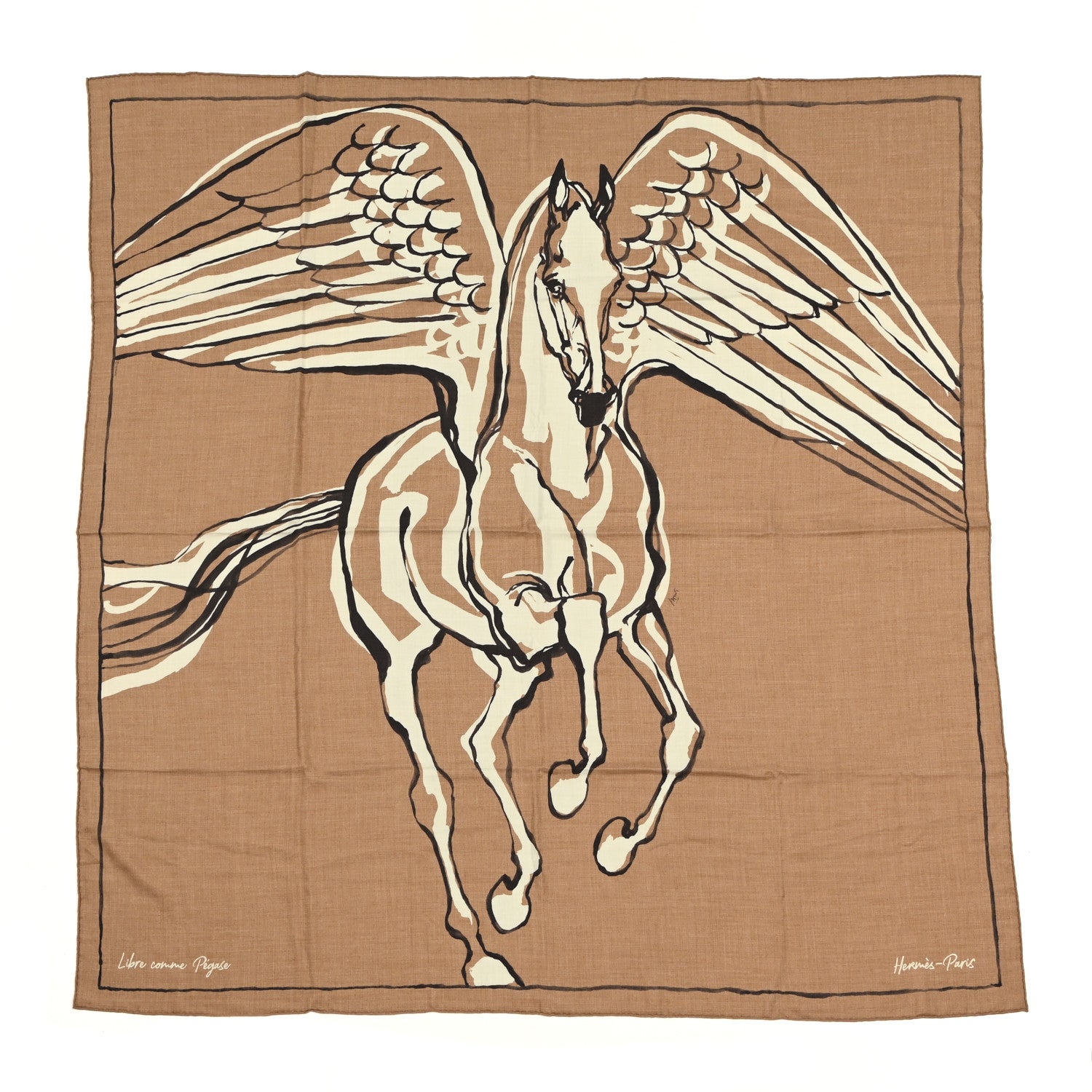 Hermes Cashmere Silk Libre Comme Pegase Shawl 140 Caramel Creme Black 1 of 5